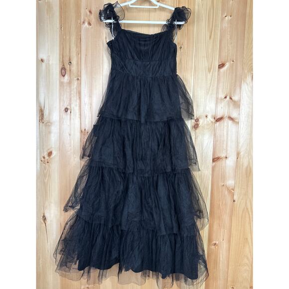 NWT Lulus Tulle For Love Black Mesh Tulle Tiered Ruffled Maxi Dress Wedding Sz L - Picture 4 of 7